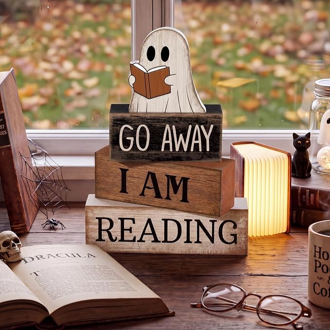 Moucuny 4 Pcs Halloween Table Decoration Wooden Ghost Reading Stacked Block Decor, "Go Away I Am Reading" Sign, Rustic Ghost Centerpiece Book Lover Halloween Tiered Tray Decor for Home Office Library - Image 7
