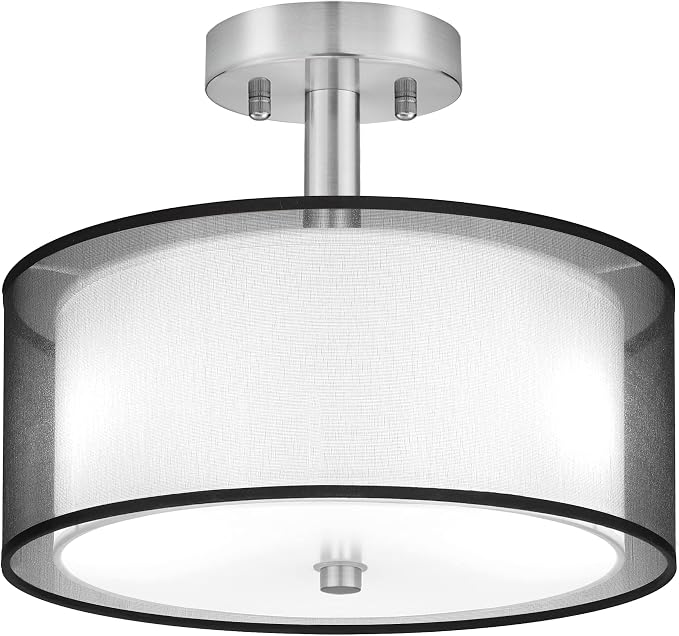 FOLKSMATE Semi Flush Mount Ceiling Light Fixture, 3-Light Drum Light with Double Fabric Shade, Modern Black Close to Ceiling Lighting for Living Room, Bedroom, Dining Room, Kitchen, Hallway, Entry by FOLKSMATE