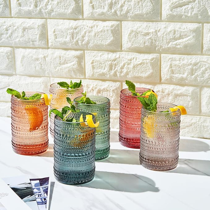 Khen Hobnail Beaded Highball Drinking Tumbler Glasses | Set of 6 | Color, Vintage Bubble Design Whiskey Glassware, Old-Fashioned, Embossed Design for Water, Wine, Cocktail Embossed, Rocks Glass - Image 3