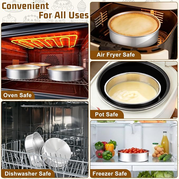 E-far 7 Inch Cake Pan Set of 3, Stainless Steel Round Baking Pans Tins for Layer Birthday Wedding Cakes, Dishwasher & Oven Safe, Healthy & Non-toxic, Leak Proof & Mirror Polished - Image 7