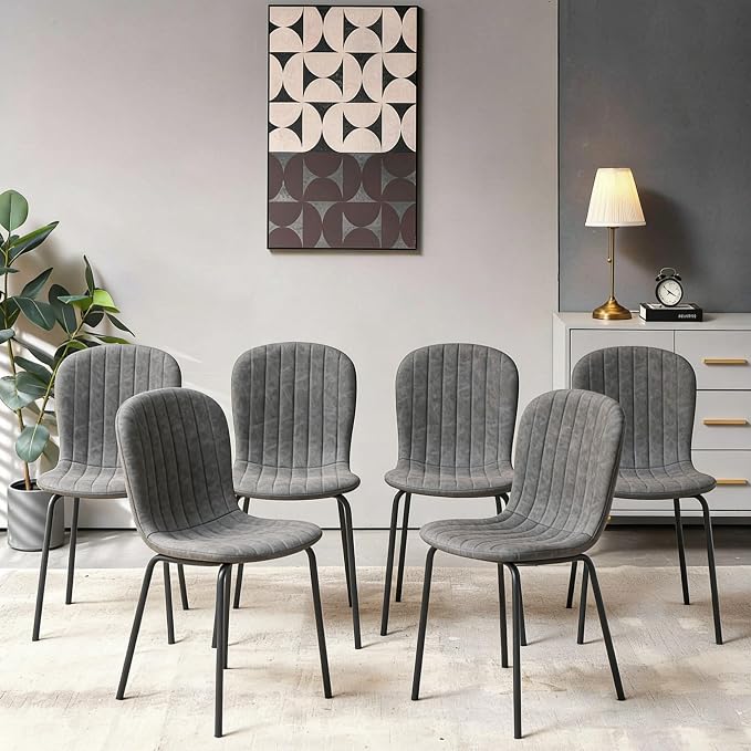 Small Dining Chairs Set of 6, Modern Mid Century Faux Leather Dining Room Chairs with Black Metal Legs, Kitchen Home Living Room Restaurant Apartment, Space-Saving, Dark Grey - Image 5