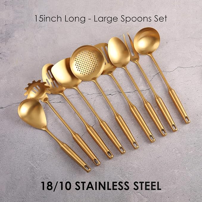 Gold Kitchen Utensils Set - 15" All Metal Cooking Tools Set of 9 | 18/10 Stainless Steel Cooking Utensils - Fork, Solid/Slotted Spoon, Spatula, Ladle, Skimmer, Turner, Pasta Spoon, Large Spoon - Image 3