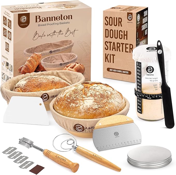 Sourdough Bread Baking Supplies and Starter Kit - Ultimate Bread Making and Sourdough Starter Kit with Proofing Baskets, Sourdough Jar, Bread Lame, Scrapers and Danish Whisk