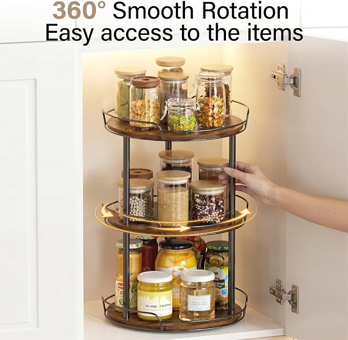 10'' Rotating Spice Rack, 3-Tier Lazy Susan Turntable Organizer | Wooden, for Cabinet, Table Top, Kitchen Countertop, Pantry, Bathroom, Vanity, Home Decor - Image 3