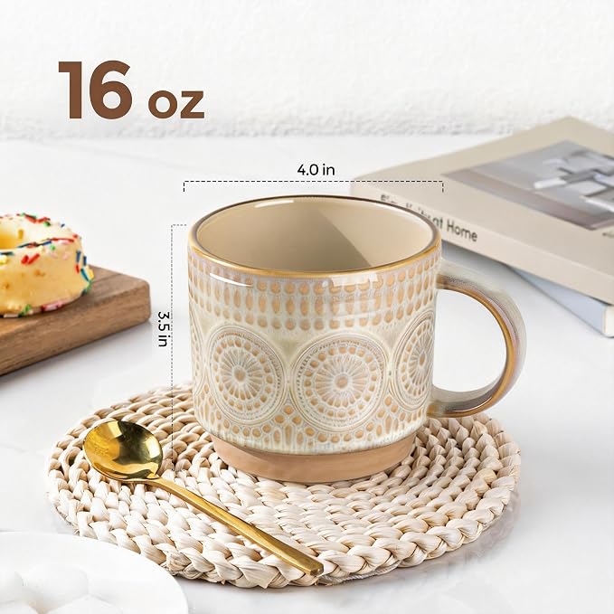 GBhome 16OZ Stackable Coffee Mugs, Ceramic Coffee Mugs with Texture Patterns for Man,Woman,Dad,Mom, Modern Coffee Mugs Set of 4 for Latte/Cappuccino/Cocoa. Dishwasher&Microwave Safe - Image 2