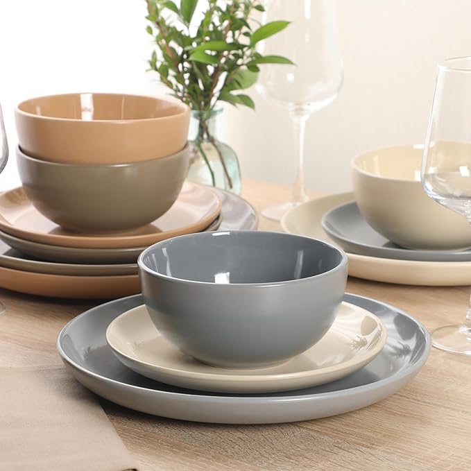 Gibson Home Rockaway 12 Piece Plates and Bowls Matte Outside/Shiny Inside Glaze Service for 4 Dinnerware Set - Assorted Color (Cream, Blue, Beige, Brown) - Dishwasher and Microwave Safe - Image 4