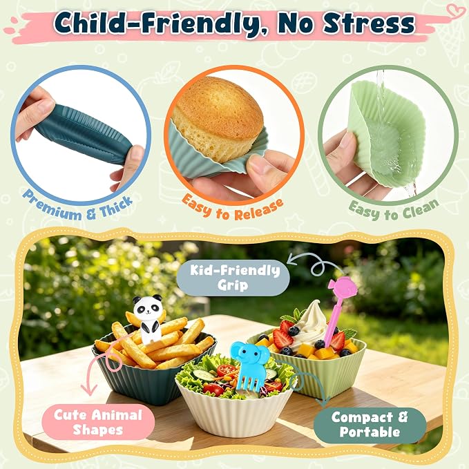 66PCS Silicone Lunch Box Dividers & Cute Animal Food Picks for Kids | 20 Reusable Silicone Cupcake Liners, Muffin Baking Cups, 46 Fruit Toothpicks, Lunchbox Bento Box Accessories Supplies - Image 5