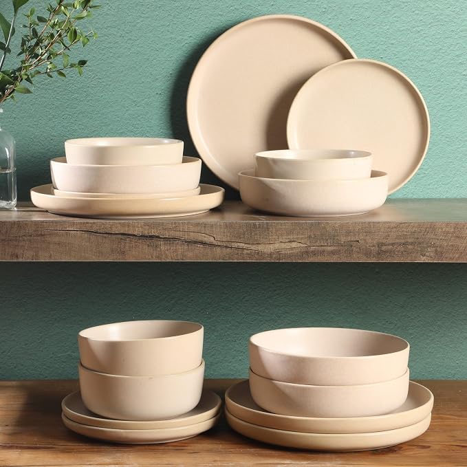 Gibson Elite Pasco 16 Piece (Service for 4) Plates and Bowls Double Bowl Reactive Glaze Dishes Stoneware Ceramic Dinnerware Set - Cream - Image 6
