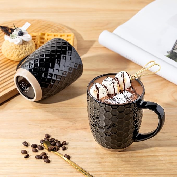 GBhome Large Coffee Mugs Set of 4, 16oz Handmade Embossed Coffee Mugs Set with Large Handle for Cappuccino/Latte/Tea/Hot Cocoa, Dishwasher & Microwave Safe, Black - Image 5