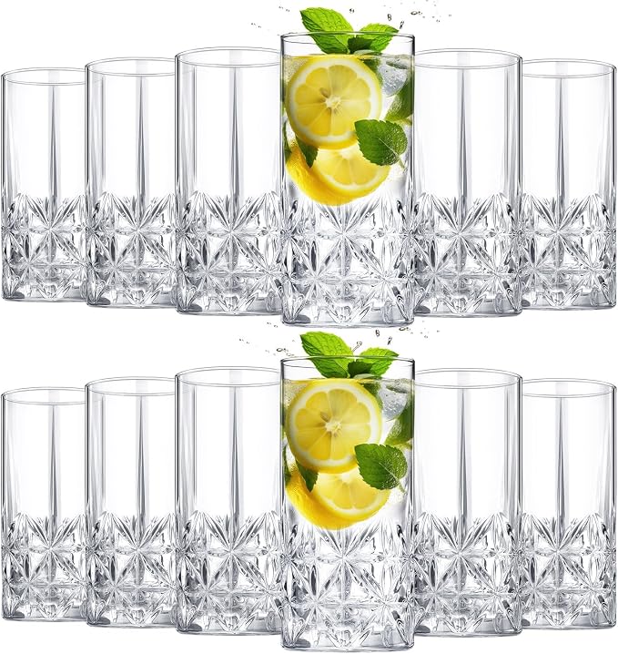 Uiifan Set of 12 Tall Highball Glasses 12 oz Crystal Drinking Glasses Clear Fancy Cups Vintage Textured Designer Glassware for Cocktail Tea Water Beer Soda Beverages, Dishwasher Safe(Stylish Style) by Uiifan