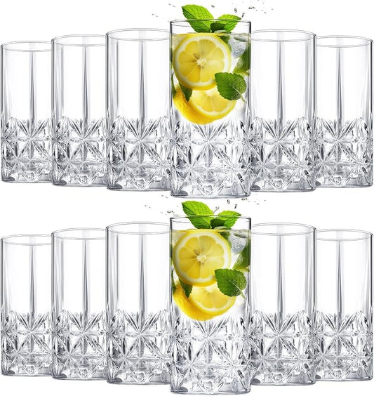 Uiifan Set of 12 Tall Highball Glasses 12 oz Crystal Drinking Glasses Clear Fancy Cups Vintage Textured Designer Glassware for Cocktail Tea Water Beer Soda Beverages, Dishwasher Safe(Stylish Style) by Uiifan