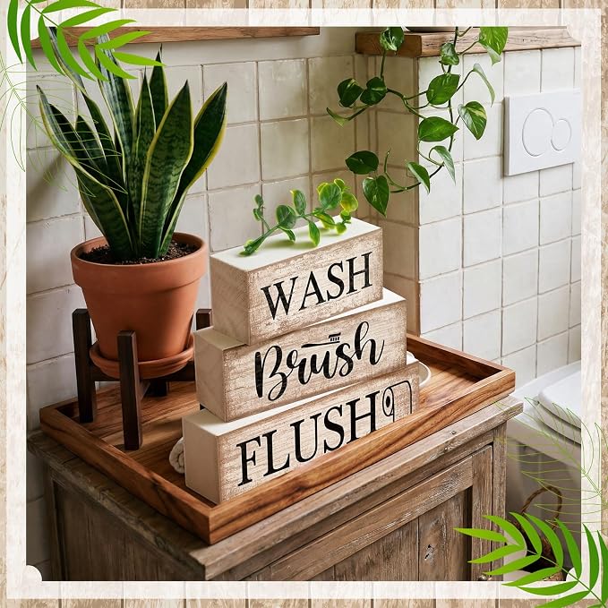 Moucuny 4 Pcs Farmhouse Bathroom Decor and Accessories Rustic Bathroom Shelf Decor Sign Set "wash/brush/flush" Farmhouse Eucalyptus Leaves Wood Block Signs for Toilet Vanity Countertop Home Decoration - Image 6