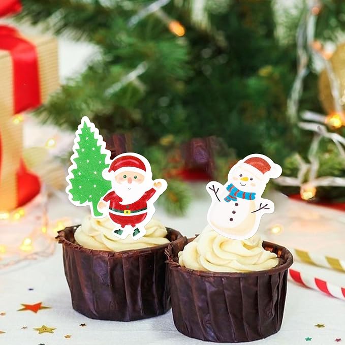42PCS Edible Christmas Cupcake Toppers - Wafer Paper Santa Claus、Tree、Snowman、Gingerbread Man、Picks Merry Christmas Theme Holiday Baby Shower Birthday Party Cake Decorations Supplies - Image 3