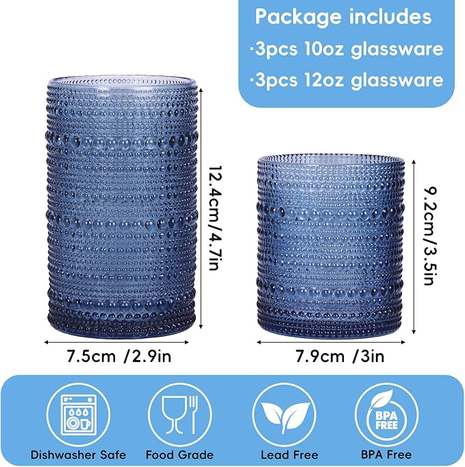 Moretoes Blue Hobnail Drinking Glasses Set of 6, Vintage Glass Cups | 12 Oz Highball Glasses & 10 Oz Cocktail Glasses Embossed Boho Kitchen Bar Tumbler Glassware for Whiskey Beer Juice Milk - Image 3