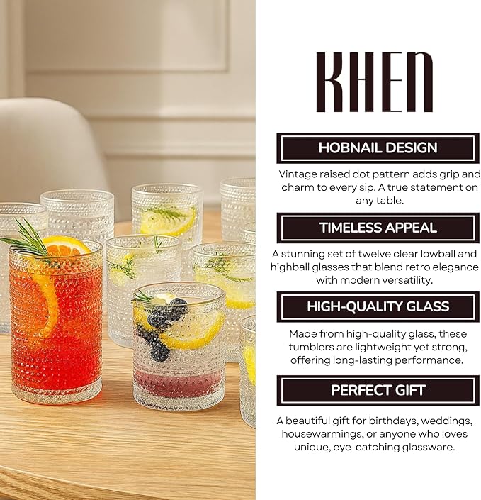 Khen Vintage Hobnail Drinking Glasses Set of 12, 13oz Highball Glasses & 10 oz Lowball Tumblers, Kitchen Water Glasses Cup, Bar Water, Juice, Cocktails Beer, Milk Indoor/Outdoor Bar & Party Drinkware - Image 5