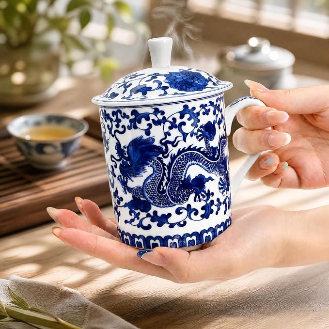 Peohud Set of 2 Porcelain Chinese Tea Cup with Lid, 12 Oz Bone China Coffee Tea Mug for Travel Home Office, Dishwasher Safe, Blue Dragon - Image 6