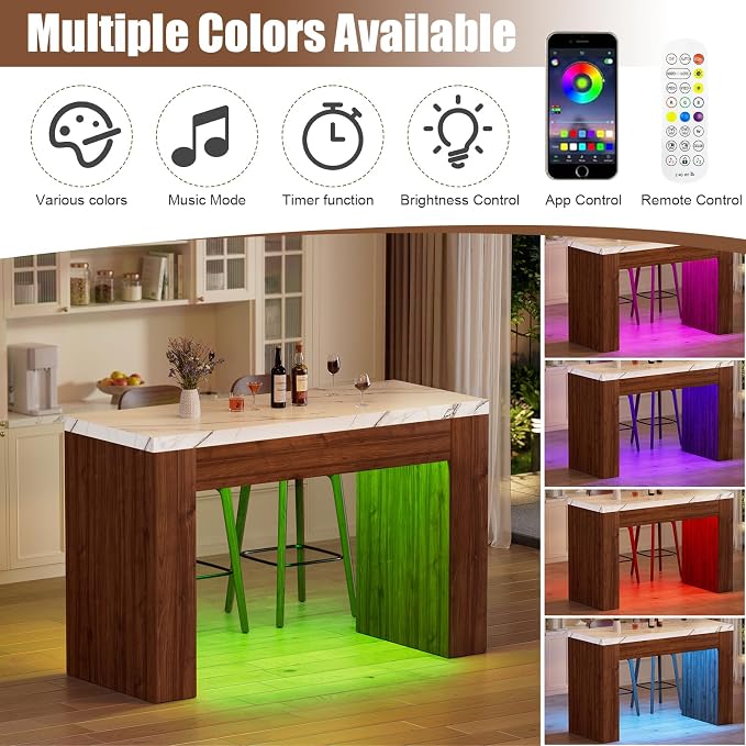 LED Bar Table with Smart RGB Lights,55" Faux Marble Counter Height Pub Dining Table,High Top Kitchen Island Table with Music Sync & Timer for Parties, Gatherings & Daily Use,Wood Base - Image 3