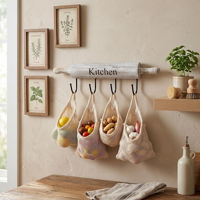 MyGift White Washed Wood Kitchen Utensil Rack with 4 Hooks, Wall Mounted | Rustic white wood and a rolling pin design add charm to this wall rack with four hooks for aprons, towels, mugs, and utensils - Image 4