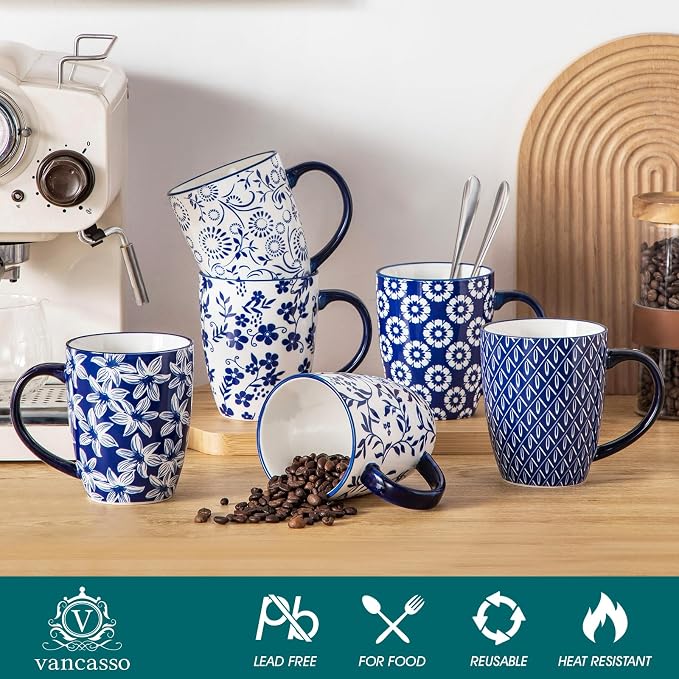 vancasso SELENE Large Coffee Mugs Set of 6, 16 Oz Porcelain Coffee Cups with Handle, Ceramic Tea Cup for Cappuccino, Latte, Tea, Cocoa, Dishwasher & Microwave Safe Gift Sets, Vintage Blue - Image 3