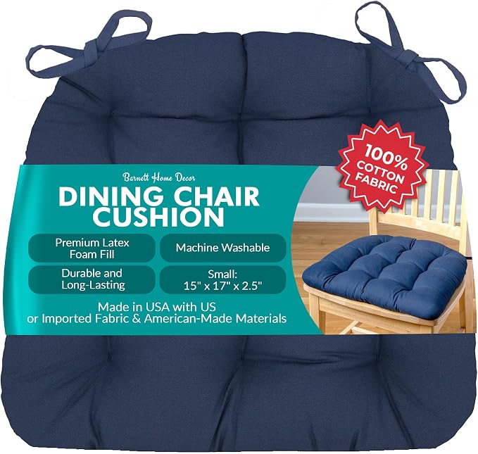 Barnett Home Decor Cotton Duck Navy Blue Dining Chair Pad with Ties - 15 x 17 Size Small Chair Cushion - Latex Foam Fill - Machine Washable, Reversible, Solid Color, 100% Cotton, Made in USA by BarnettHomeDecor