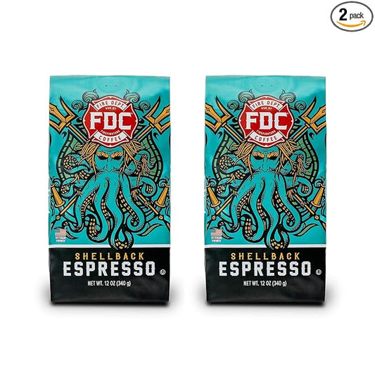 Fire Department Coffee - Gives Back to Firefighters - Shellback Espresso Coffee Beans - Bold & Smooth - Roasted in the USA - Premium Espresso - Veteran Owned (12 oz, Pack of 2)