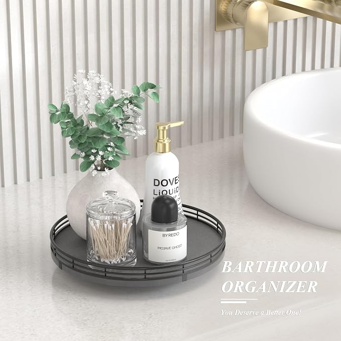 AMH10-Inch Natural Slate Lazy Susan with Black Raised Iron Rim | Smooth rotating oak tray with walnut finish for dining tables, kitchen counters, pantries and cabinet storage. - Image 2