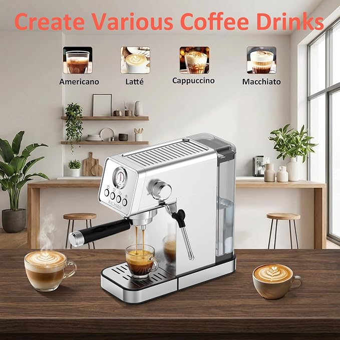 AYCHIRO 20 Bar Espresso Machine with Pressure Gauge, Compact Semi-Automatic Espresso Maker with Steam Wand, 1350W Fast Heating Coffee Machine with Removable 37oz Water Tank for Home Office - Image 6