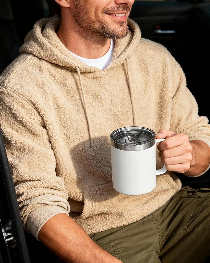 8 Pack 12oz Insulated Coffee Mug with Lid – Double Wall Stainless Steel Travel Cups with Handle, Keep Hot & Cold Drinks, Ideal Gift for Coffee Lovers, Home, Office & Camping, White - Image 4