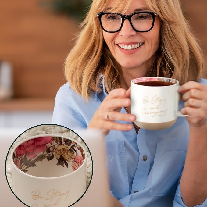 Christian Art Gifts Ceramic Floral Coffee Mug for Women: Strong & Courageous Bible Verse, Encouraging Gift for Women, Novelty Cup, Clay Base, Sturdy Handle, White & Gold, 14 oz. - Image 4