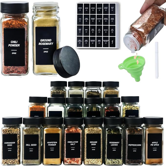 48 Spice Jars with Labels, 4oz Seasoning Jars for Cabinets, Drawers, Racks | Lead-free glass seasoning containers with black airtight lids, and they are dishwasher safe by JARXSUN