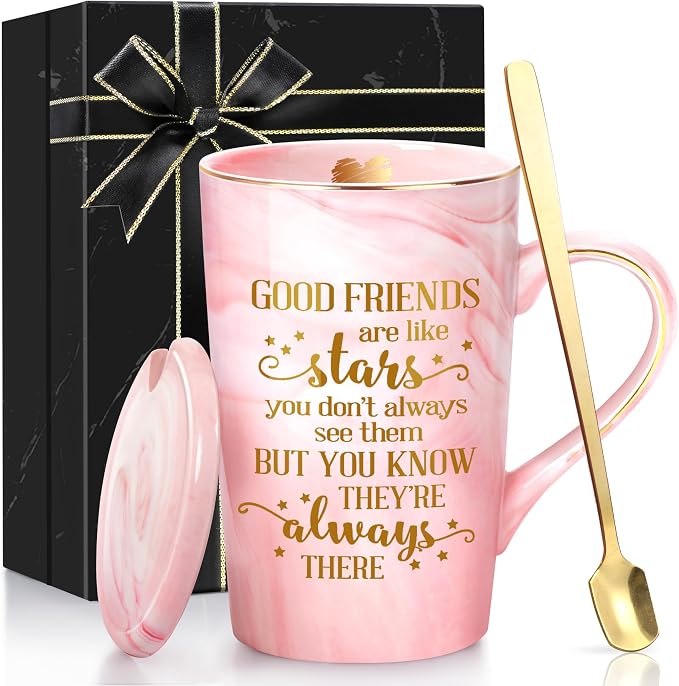 ShinnyWis Best Friend Birthday Gifts for Women, Friendship Gifts for BFF Bestie Sister - Good Friends Are Like Stars Mug, Funny 14 oz Pink Marble Gold Print Coffee Mug with Gift Box - Image 2