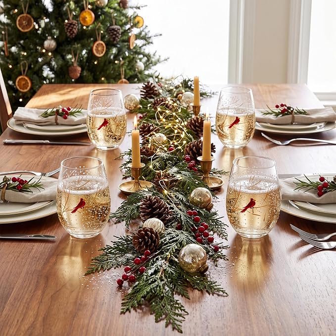 Yungyan 4 Pack Christmas Stemless Wine Glasses, 15 oz Hand Painted Holiday Drinking Tumblers with Cardinal & Snowy Tree Branch Design, Festive Winter Glassware for Xmas Party, Cabin, Home Decor - Image 5