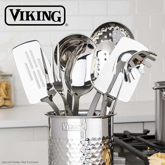 Viking Kitchen Utensils Set, 8 Piece Stainless Steel Cooking Utensil Set, Includes Spatulas, Spoons, Pasta Fork, Deep Ladle, Meat Fork, and Skimmer, Silver - Image 6