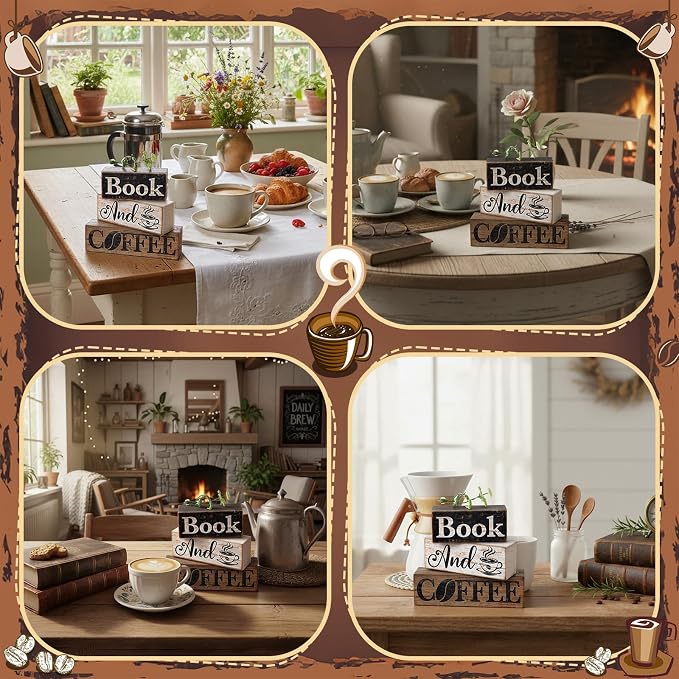 Moucuny 4 Pcs Farmhouse Table Decor Rustic Wooden "book and Coffee" Stacked Block Sign - Vintage Farmhouse Tiered Tray Decor with Coffee Cup & Bean Design, Perfect for Home Office Bookshelf Display - Image 6