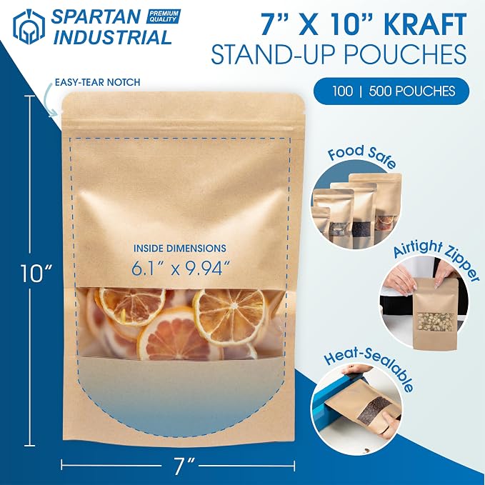 7" X 10" Kraft Stand-Up Pouch Bags - Pack of 100 Large Smell-Proof Bags | for Bulk Food Packaging, Homemade Treats, Bath Products, and More - Spartan Industrial - Image 3