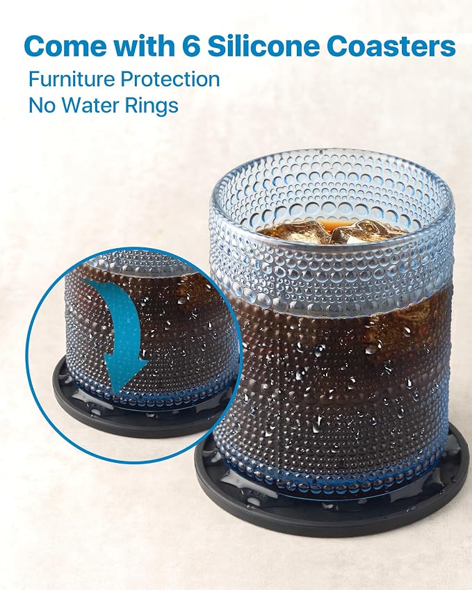Hobnail Drinking Glasses Set of 12 with 6 Coasters, Blue | 6 Highball Glasses (14.5 oz), 6 Old Fashioned Glasses (10 oz) and 6 Silicone Coasters for Water, Whiskey and Cocktails - Image 2