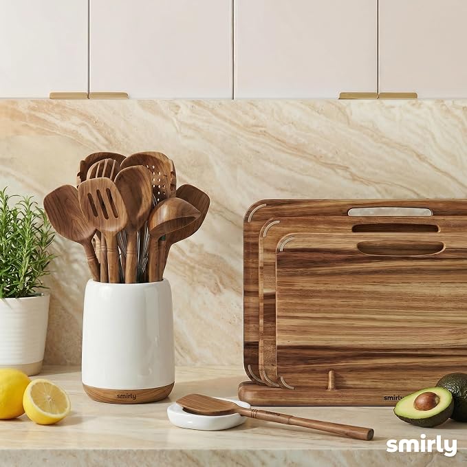 SMIRLY Acacia Wooden Utensil Set with Ceramic Holder & Spoon Rest,12-Piece | Non-Scratch Wooden Spoons for Cooking, Comfortable Grip Luxury Kitchen Gifts for Serving, Nonstick Cookware and Housewarming - Image 7