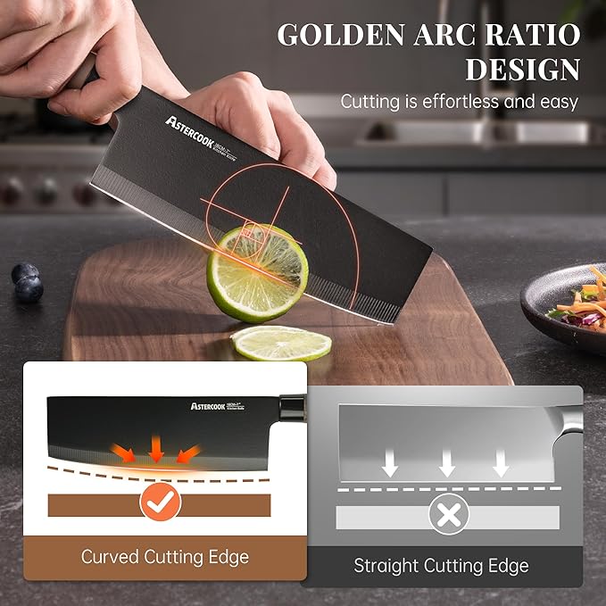 Astercook Knife Set, 6-Piece Kitchen Knife Set with Block, High Carbon Stainless Steel Ultra Sharp Kitchen Knives, Wood Grain Handle, Dishwasher Safe Knife Block Set, Black, Kitchen Utility Knives - Image 4