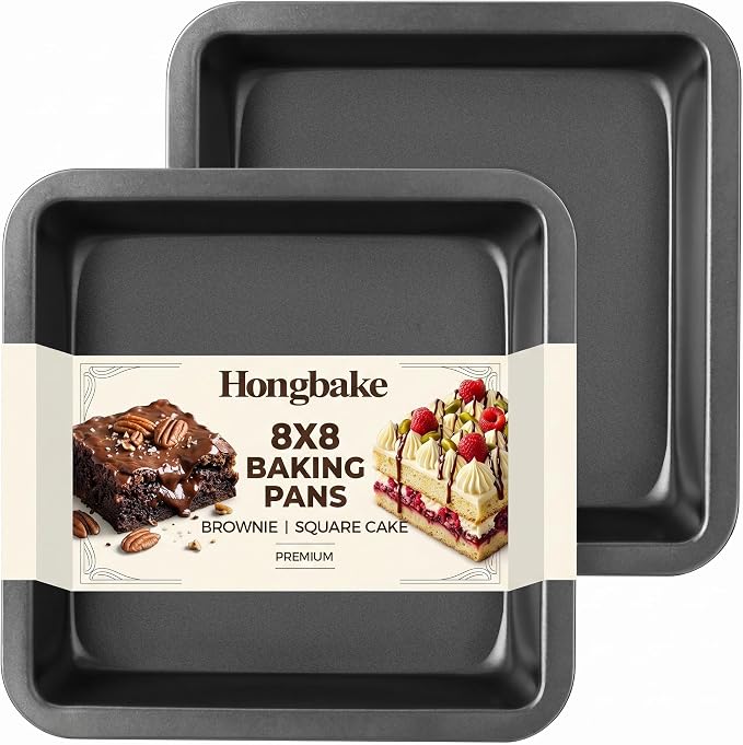 8x8 Cake Baking Pan Set, Nonstick Square Brownie Pans with Wider Grips, 2 Pieces, Heavy Duty, Grey by HONGBAKE