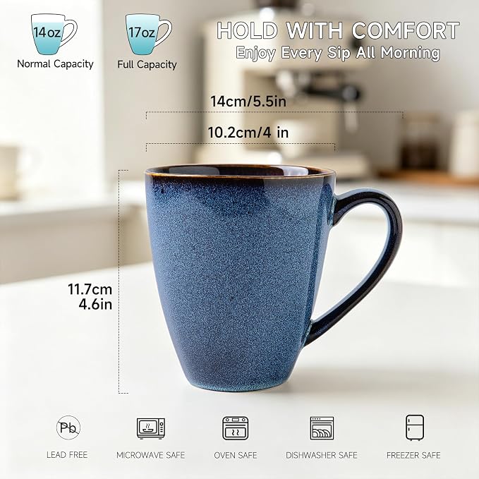 MONITO 17 OZ Coffee Mugs Set of 4, Large Ceramic Blue Coffee Mugs Set with handle for Tea/Latte/Milk/Cocoa, Funny Tea Cups for Office and Home, Engagement Gifts.(Starry Blue) - Image 2