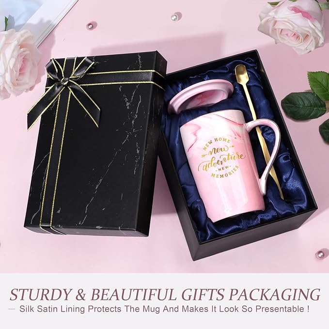 House Warming Gifts New Home, Housewarming Present for Homeowners Couples Women, Closing Gifts for New House Buyers, New Home New Adventure New Memories Mug, 14 oz Pink Marble Gold Print Coffee Mug - Image 3