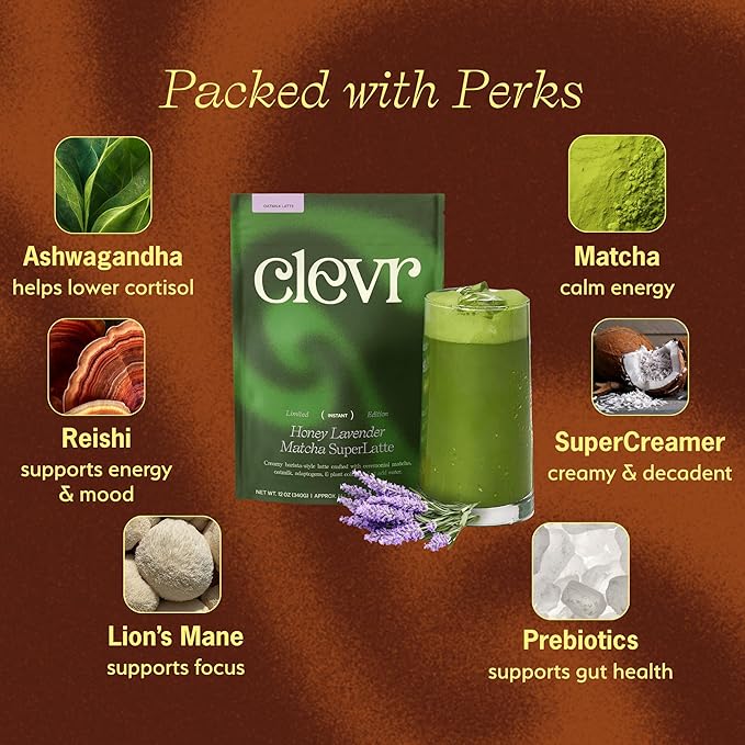 Clevr Blends Organic Honey Lavender Matcha SuperLatte, Instant Ceremonial Grade, Superfood Powder Blend, Oat Milk, Lion Mane, Reishi Mushroom, Coconut Cream, Ashwagandha, Serve Hot or Iced (14 Lattes)
