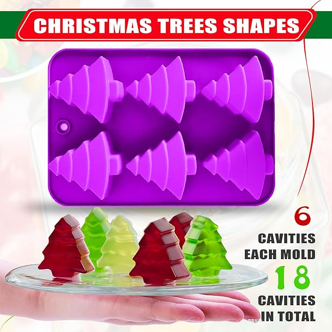 3 Pack Christmas Tree Silicone Molds,6 Cavity Baking Trays Christmas Trees for Holiday Candies,Gummy,Chocolates and More - Red, Green, Purple