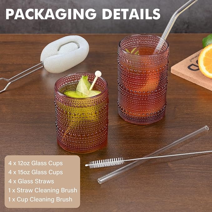 ZMOWIPDL 12oz & 15oz Hobnail Drinking Glasses,Purple Glass Cups Set of 8 | Vintage Highball Glassware，Kitchen Drinkware，Embossed Water Tumbler,for Beer,Cocktail,Whiskey,Juice,Various Mixed Drinks - Image 4