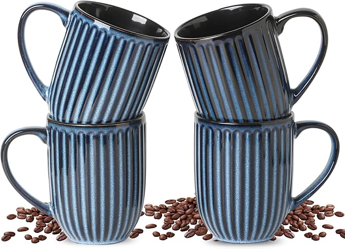 HASENSE 16 oz Ceramic Coffee Mugs Set of 4, Ribbed Navy Blue Coffee & Tea Cups, Dishwasher & Microwave Safe, Ideal for Housewarming & Wedding Gifts by Hasense