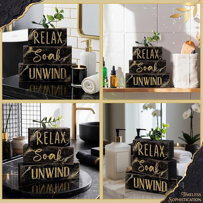 Moucuny 4 Pcs Black and Gold Bathroom Shelf Decor Sign Farmhouse Bathroom Decor and Accessories Rustic Eucalyptus Leaves Block Sign Gift Relax Soak Unwind Farmhouse Table Centerpiece for Home Toilet - Image 4