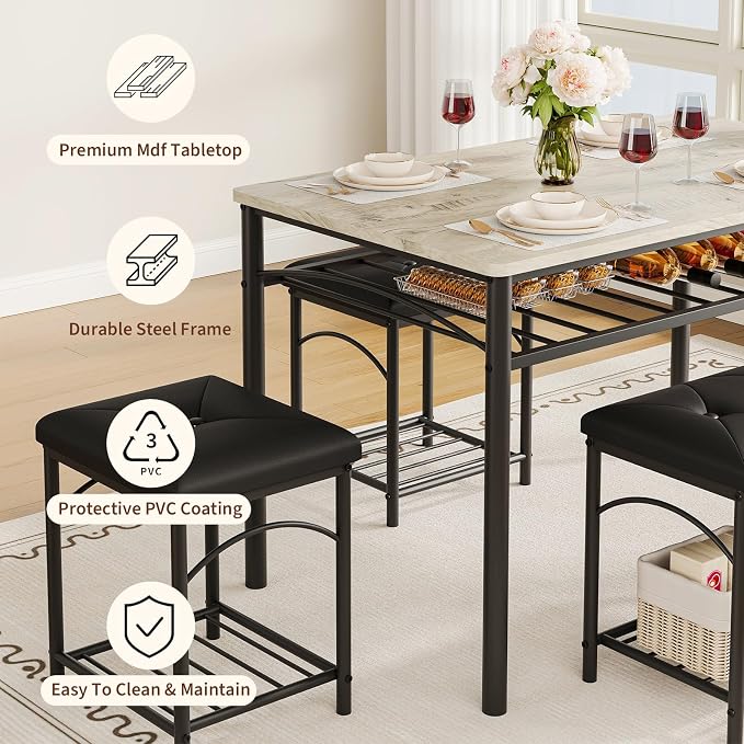 GarveeHome Dining Table Set for 4 with Upholstered Benches and 2 Stools, Modern Space Saving Kitchen Breakfast Table, Ideal for Small Kitchens, Apartments, Studios, and Compact Living Spaces - Image 8