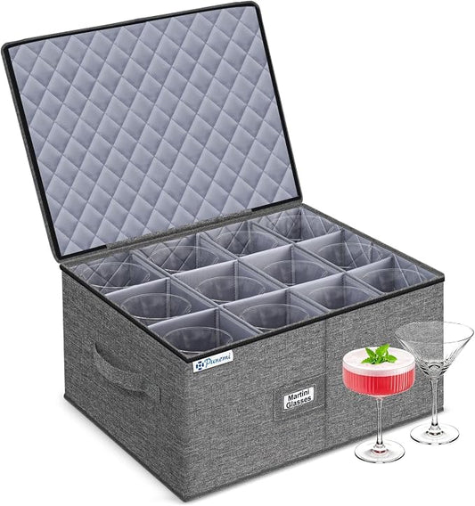 Wine Glass Storage Box for Martini, 5" Wide Cell Hard Shell China Storage Containers with Dividers, Stackable Stemware Storage Holder for Glassware, Margarita, Goblets & Brandy Snifters, Grey by Punemi