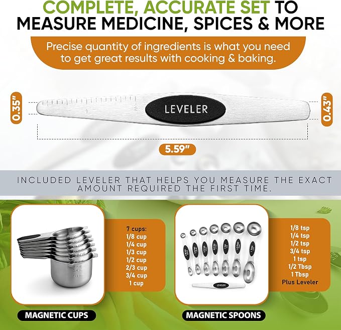Spring Chef Magnetic Measuring Cups & Spoons Set of 15, Patented, Black | Stackable Stainless Steel Measuring Cups & Heavy Duty Metal Measuring Spoons with Levelers for Dry & Liquid Ingredients - Image 6
