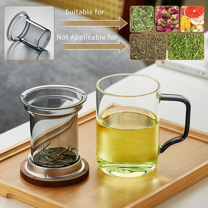 Glass Tea Cup with Infuser and Lid, 14.5oz/430ml Large Borosilicate Teacup, Clear Mug for Loose Leaf Tea,Birthday Gift for Women and Man